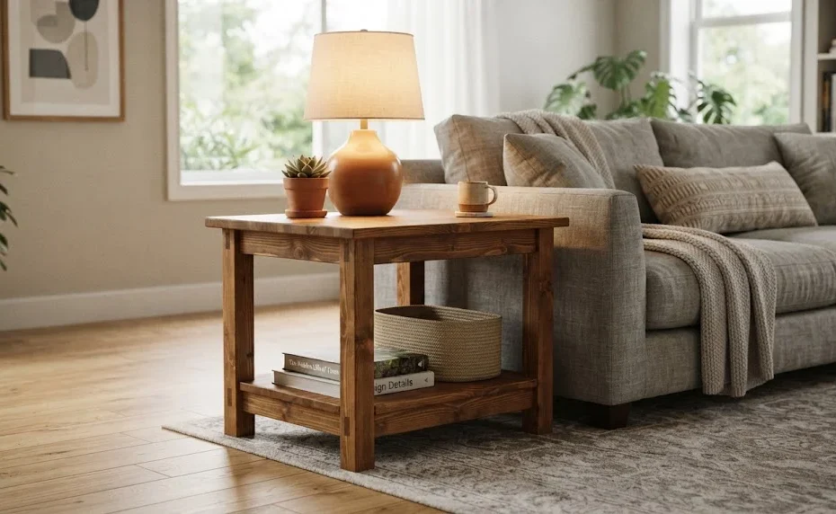 A completed wooden end table with a warm lamp and small potted plant on top, placed next to a grey sofa in a cozy living room.