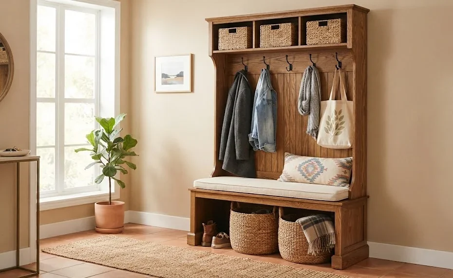 A completed wooden hall tree with a bench, featuring a patterned cushion, woven storage baskets, and hanging jackets against a neutral-toned entryway wall.