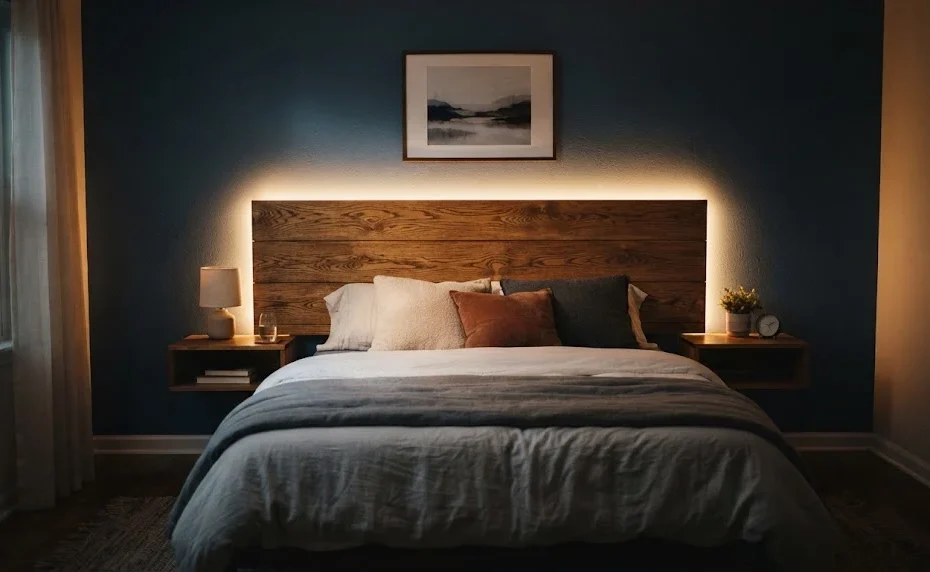 A wide-angle, moody bedroom shot featuring a finished wooden headboard with a soft, warm LED halo glowing against a dark blue wall above a neatly made bed.