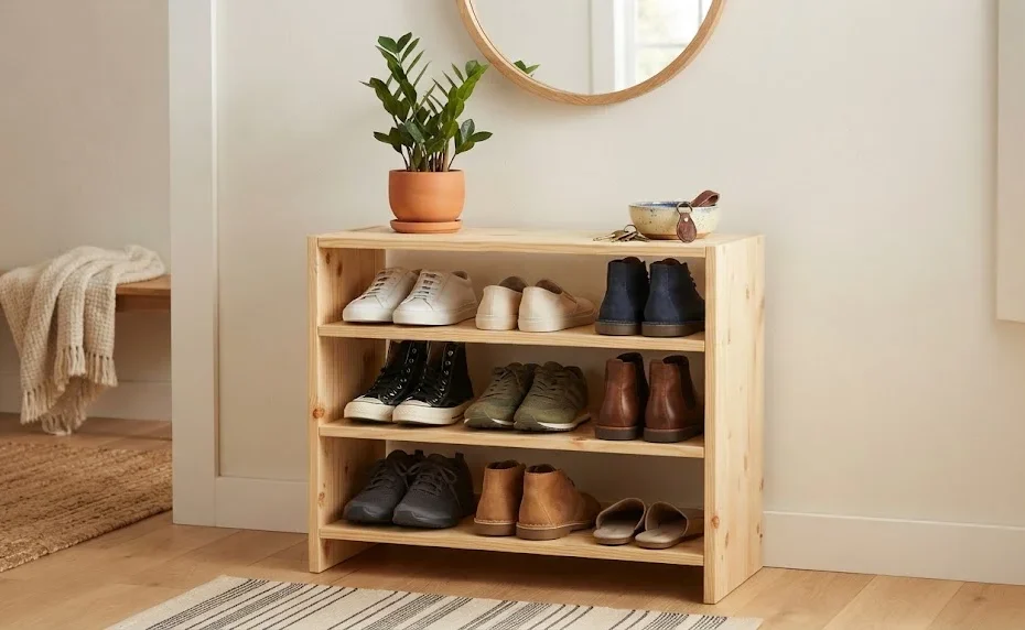A bright entryway featuring a natural-pine shoe rack filled with sneakers and boots, topped with a potted plant and a key bowl.