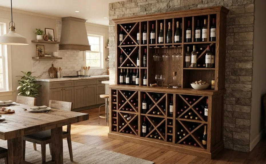 A wide-angle 16:9 view of a completed wooden wine rack cabinet fully stocked with wine bottles, positioned neatly in a dining area next to a rustic wooden table and a kitchen.