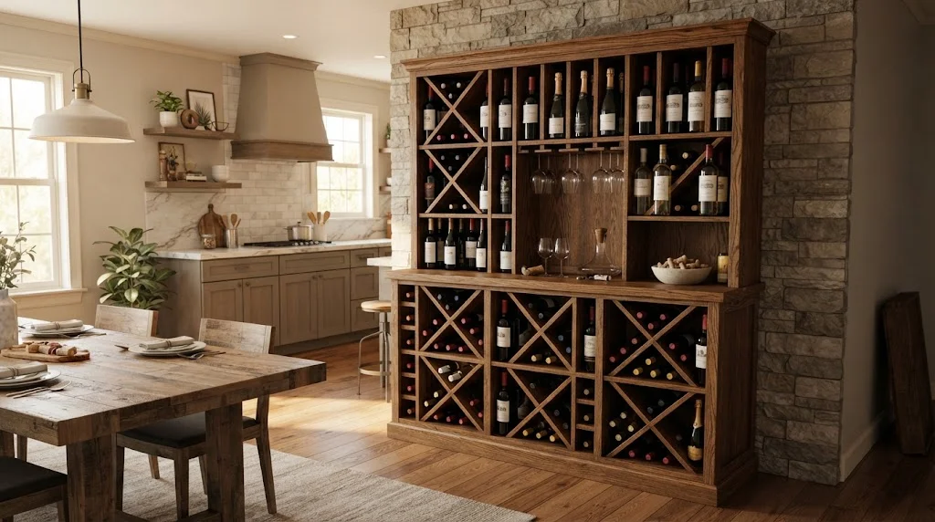 A wide-angle 16:9 view of a completed wooden wine rack cabinet fully stocked with wine bottles, positioned neatly in a dining area next to a rustic wooden table and a kitchen.