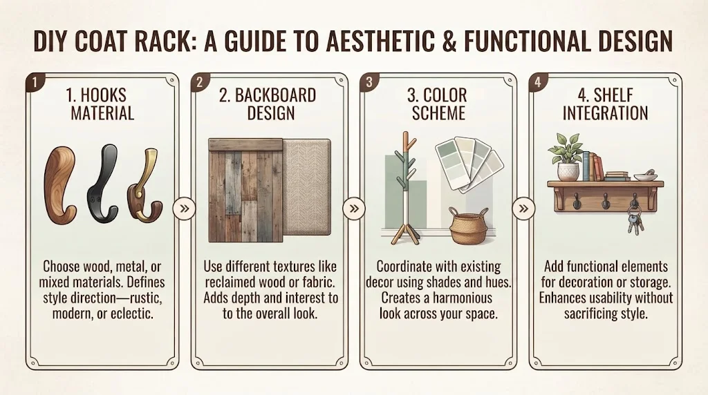 A four-panel infographic titled "DIY Coat Rack: A Guide to Aesthetic & Functional Design," outlining Hook Material, Backboard Design, Color Scheme, and Shelf Integration.