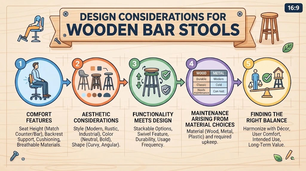 Infographic outlining design considerations for wooden bar stools, covering comfort features, aesthetics, functionality, material maintenance, and finding the right balance.