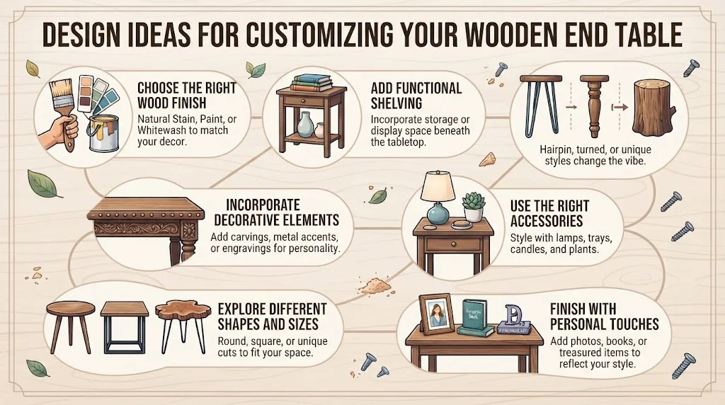 An infographic titled 'DESIGN IDEAS FOR CUSTOMIZING YOUR WOODEN END TABLE' showcasing seven illustrated customization categories with icons and descriptive text