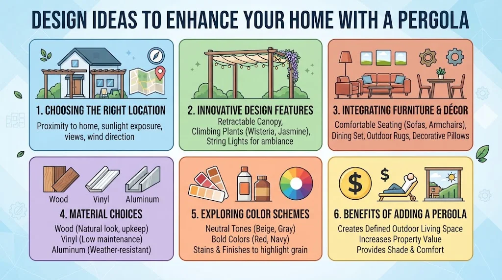 An infographic titled "Design Ideas to Enhance Your Home with a Pergola" featuring six numbered, illustrated panels covering location, design features, furniture and decor, material choices, color schemes, and benefits.