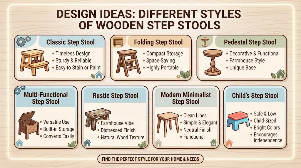An infographic titled 'DESIGN IDEAS: DIFFERENT STYLES OF WOODEN STEP STOOLS' displaying seven distinct stool designs—Classic, Folding, Pedestal, Multi-Functional, Rustic, Modern Minimalist, and Child’s—complete with illustrations
