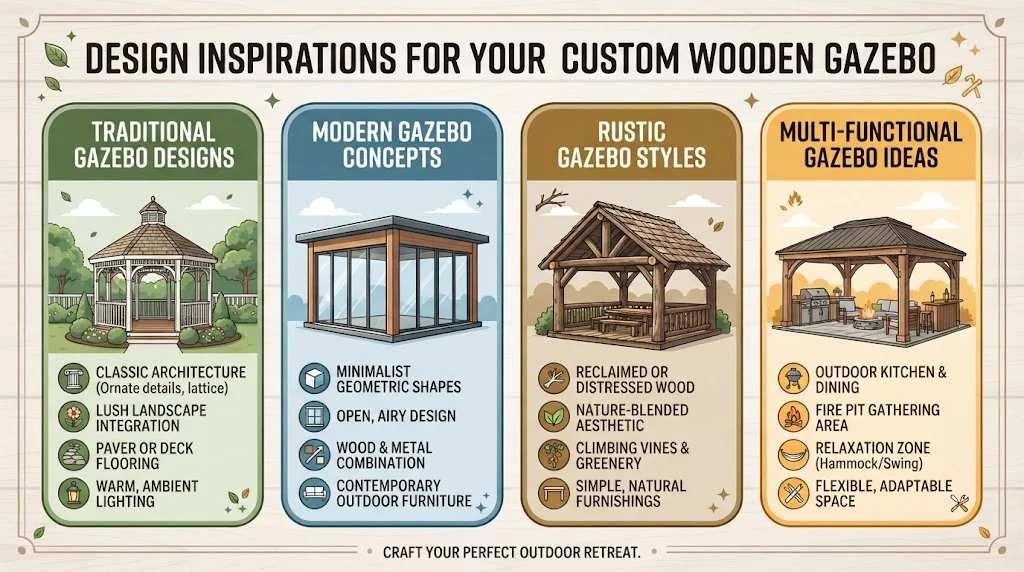 Infographic illustrating custom wooden gazebo design inspirations: traditional, modern, rustic, and multi-functional styles.