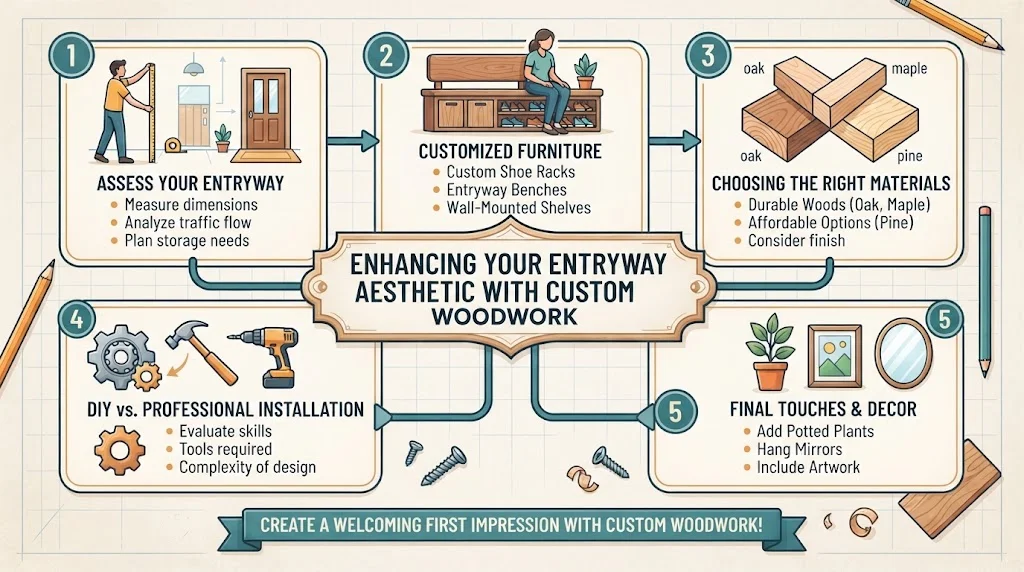 An infographic titled "ENHANCING YOUR ENTRYWAY AESTHETIC WITH CUSTOM WOODWORK" featuring five steps covering customized furniture, materials, installation, and final decor touches.