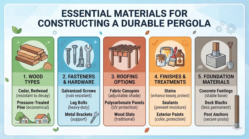 An infographic titled "Essential Materials for Constructing a Durable Pergola" featuring five numbered panels covering wood types, fasteners and hardware, roofing options, finishes and treatments, and foundation materials.