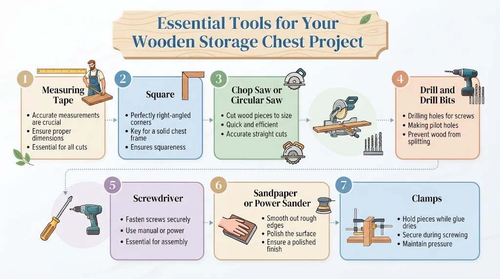 An infographic titled "Essential Tools for Your Wooden Storage Chest Project," displaying seven numbered boxes with descriptions and tool illustrations: measuring tape, square, chop or circular saw, drill, screwdriver, sandpaper or power sander, and clamps.
