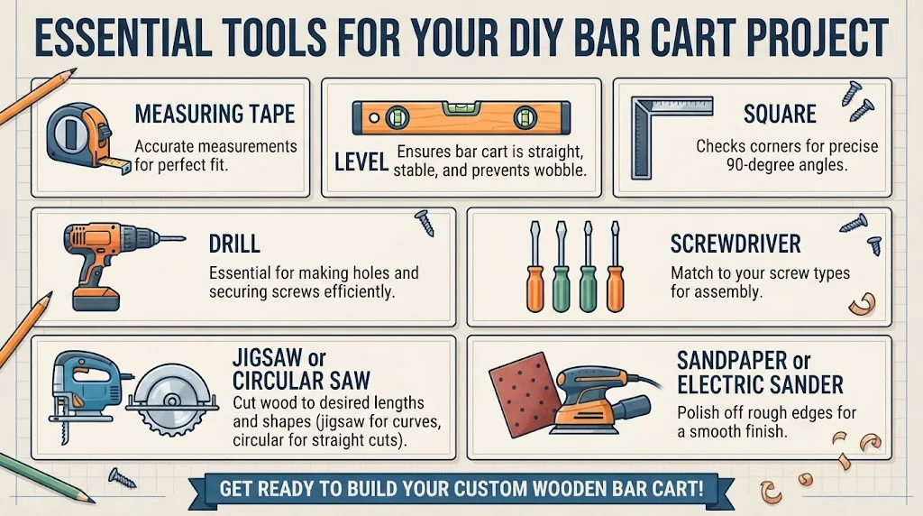 An infographic titled "ESSENTIAL TOOLS FOR YOUR DIY BAR CART PROJECT" displaying seven tools (Measuring Tape, Level, Square, Drill, Screwdriver, Jigsaw/Circular Saw, Sander) with descriptions.