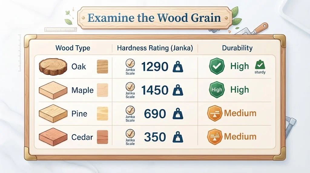 An infographic titled "Examine the Wood Grain," presented as a structured comparison table with three columns: Wood Type, Hardness Rating (Janka), and Durability.