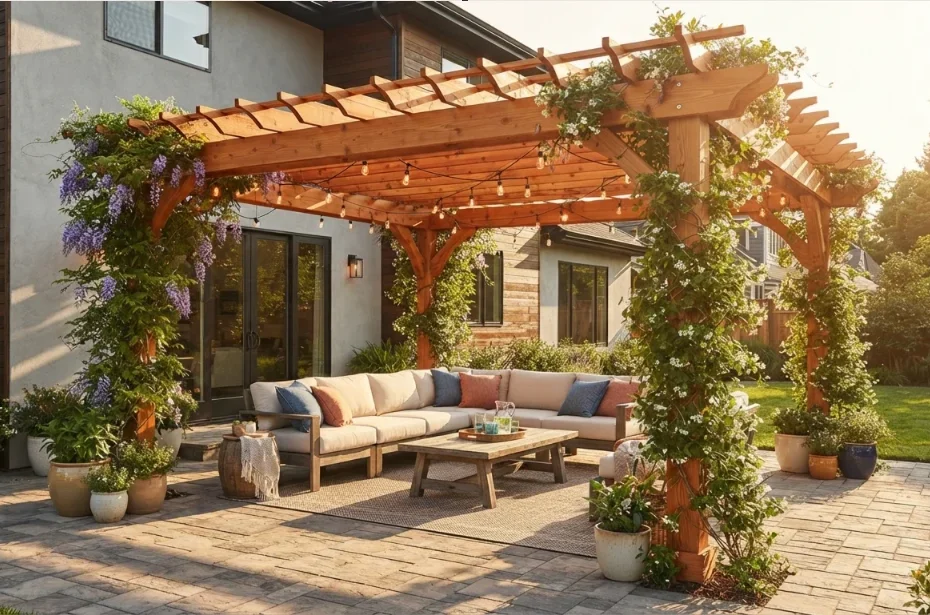 A golden hour view of a modern backyard patio featuring a freshly stained cedar wooden pergola attached to the house, styled with a cozy outdoor sofa, hanging string lights, and lush climbing greenery.