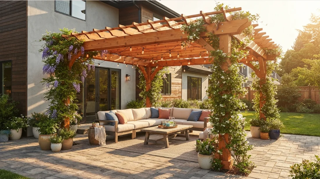 A golden hour view of a modern backyard patio featuring a freshly stained cedar wooden pergola attached to the house, styled with a cozy outdoor sofa, hanging string lights, and lush climbing greenery.