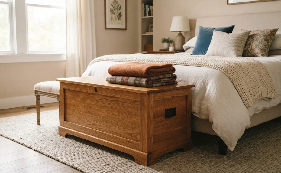 Wooden blanket chest at the foot of a bed with folded throws.