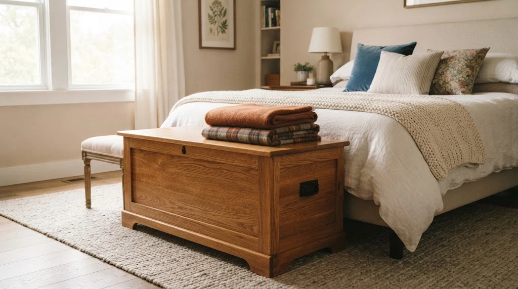 Wooden blanket chest at the foot of a bed with folded throws.