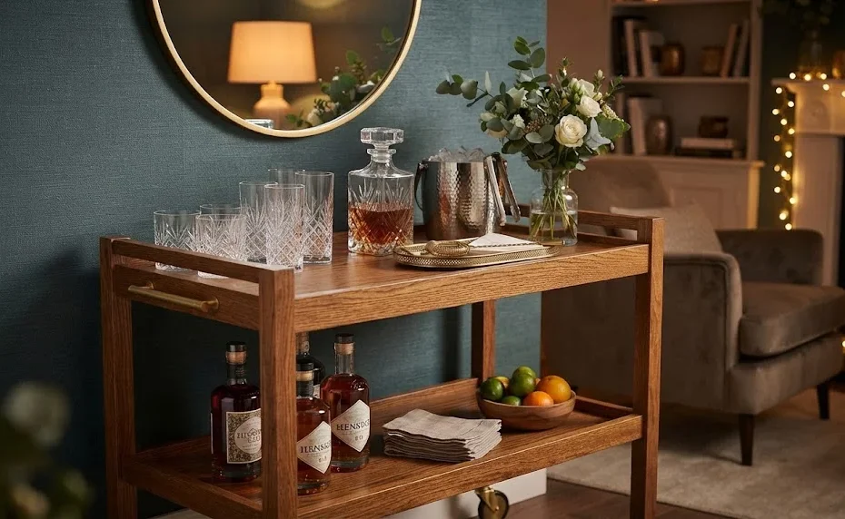 A finished wooden bar cart styled for an evening gathering with crystal glassware, a decanter, an ice bucket, and a vase of greenery.