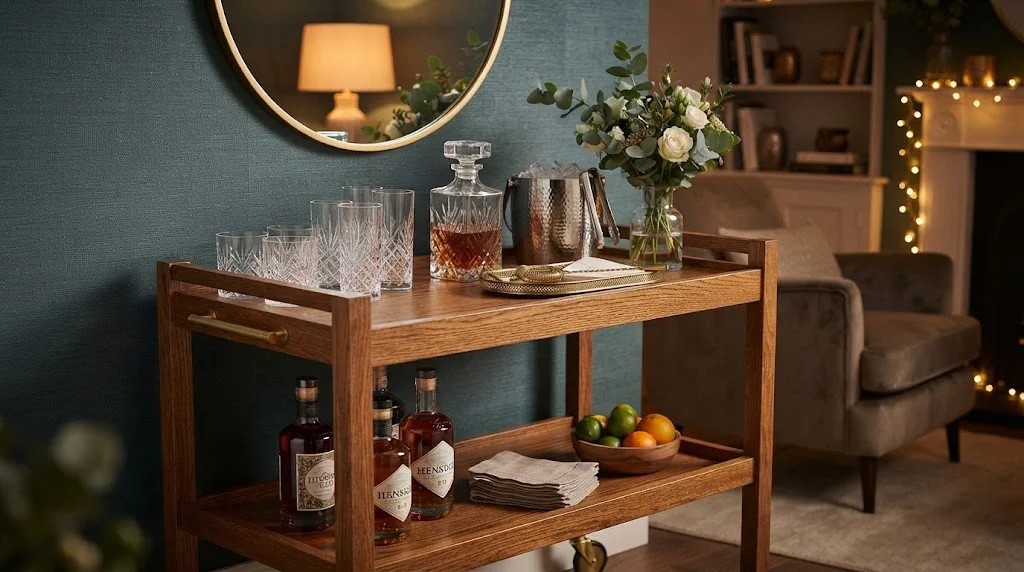 A finished wooden bar cart styled for an evening gathering with crystal glassware, a decanter, an ice bucket, and a vase of greenery.
