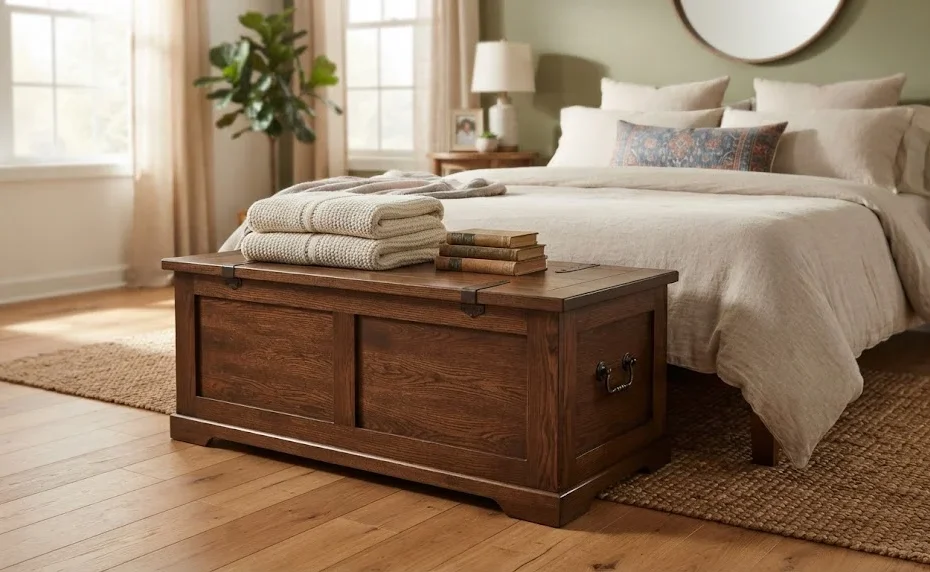 A beautifully stained oak storage chest positioned at the foot of a cozy, well-made bed in a warmly lit bedroom, holding folded blankets on top.