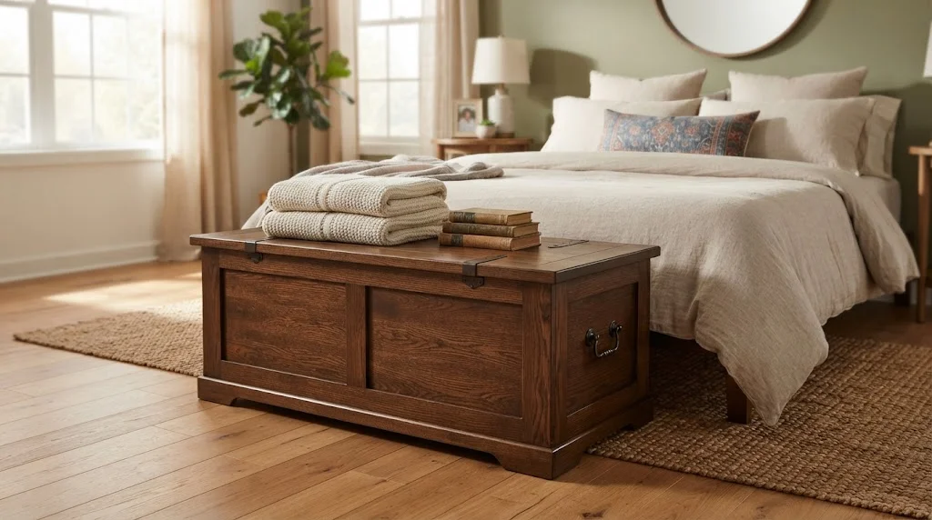 A beautifully stained oak storage chest positioned at the foot of a cozy, well-made bed in a warmly lit bedroom, holding folded blankets on top.