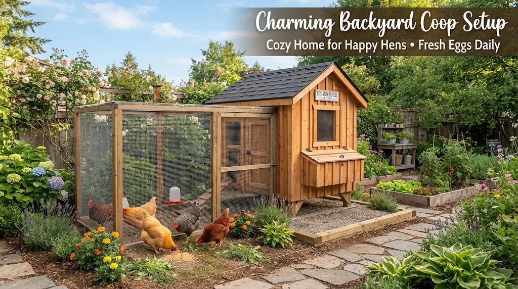 A backyard garden featuring a wooden chicken coop and run, with chickens foraging. Text overlay reads 'Charming Backyard Coop Setup: Cozy Home for Happy Hens • Fresh Eggs Daily'.