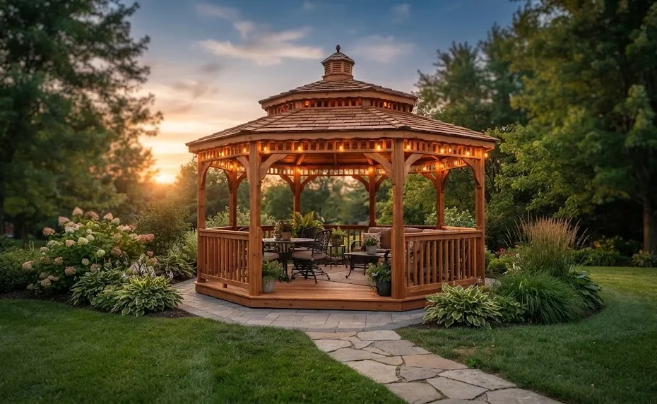 Wooden gazebo with glowing string lights in a garden at sunset.
