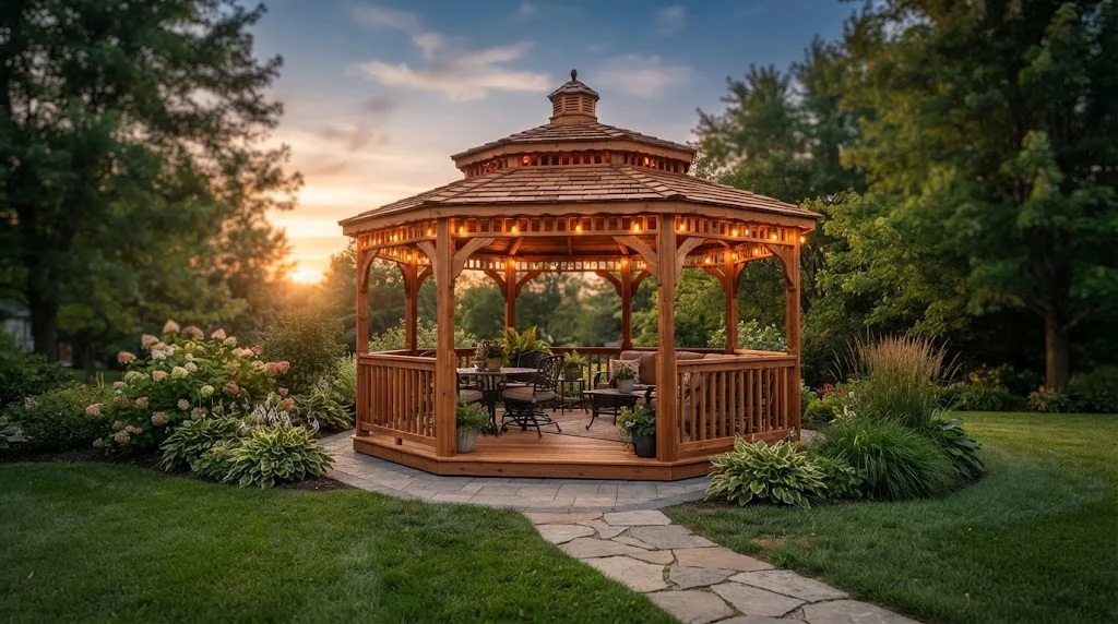 Wooden gazebo with glowing string lights in a garden at sunset.