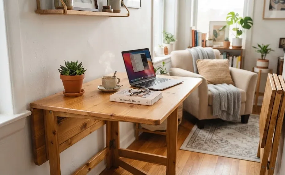 A lifestyle shot of a collapsible wooden table set up in a cozy apartment, featuring a potted plant, a steaming cup of coffee, and a laptop on top.