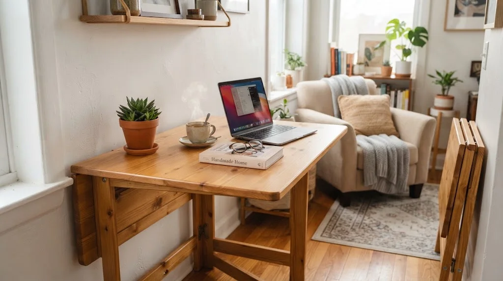 A lifestyle shot of a collapsible wooden table set up in a cozy apartment, featuring a potted plant, a steaming cup of coffee, and a laptop on top.