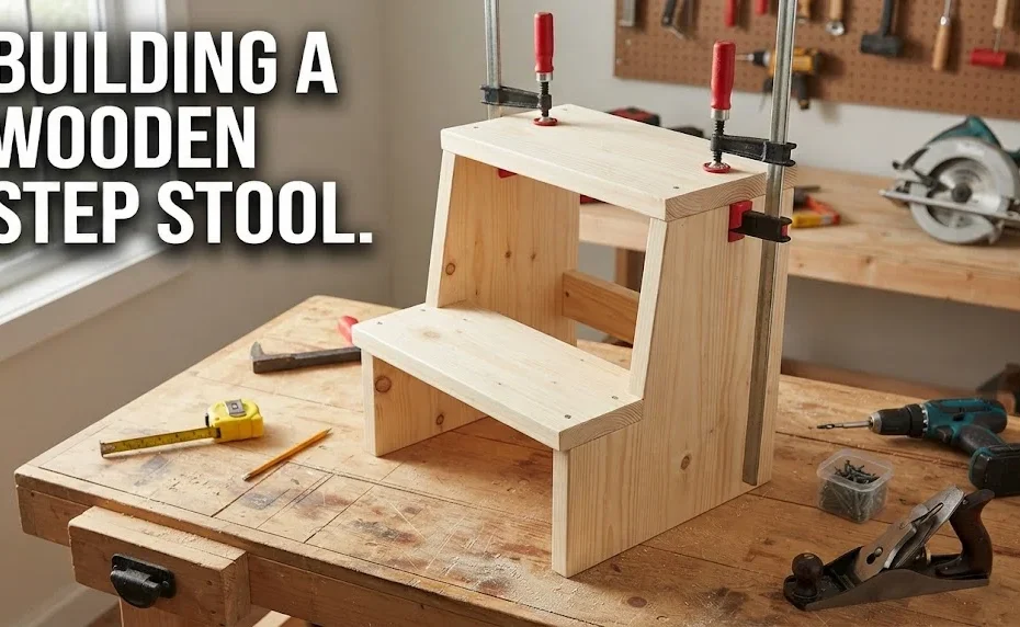 A wooden workbench in a workshop features a partially built pine step stool held together by clamps, surrounded by tools like a tape measure, drill, and hand plane. Text in the corner reads: 'BUILDING A WOODEN STEP STOOL.'