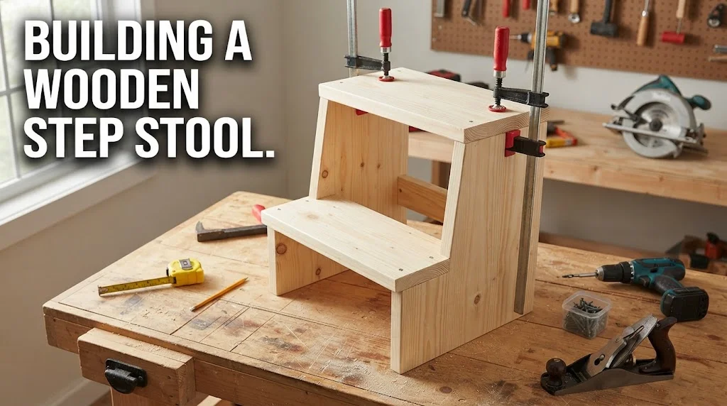 A wooden workbench in a workshop features a partially built pine step stool held together by clamps, surrounded by tools like a tape measure, drill, and hand plane. Text in the corner reads: 'BUILDING A WOODEN STEP STOOL.'