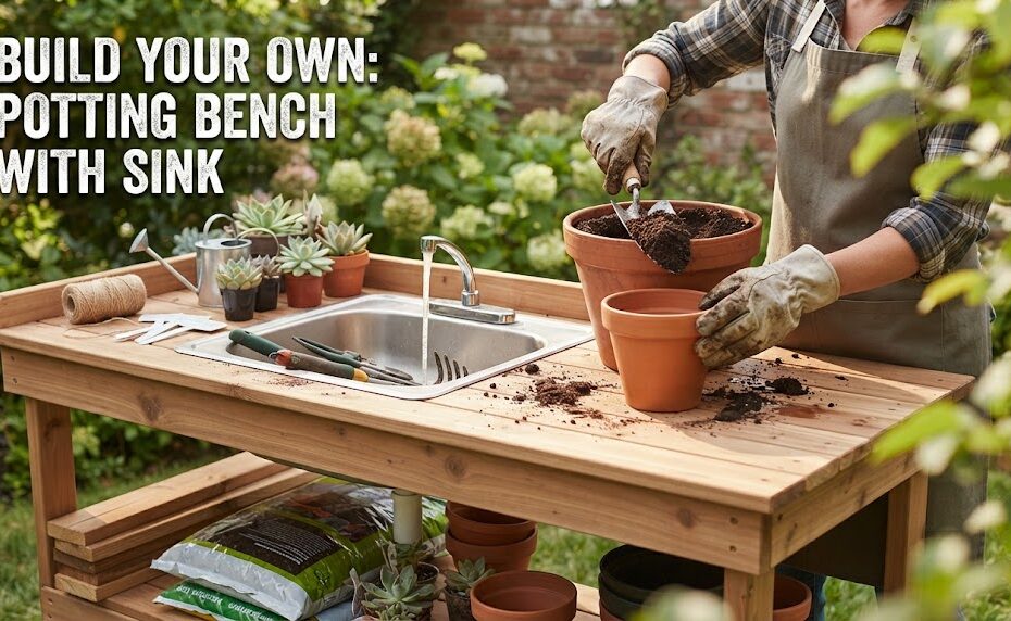 A gardener in gloves and an apron uses a trowel to fill a terracotta pot with soil on a wooden potting bench with an integrated stainless steel sink, which has water running from the faucet. Text overlay reads: "BUILD YOUR OWN: POTTING BENCH WITH SINK."