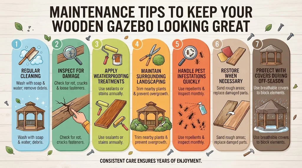 Infographic detailing wooden gazebo maintenance tips: regular cleaning, damage inspection, weatherproofing, landscaping, pest control, restoration, and off-season covers.