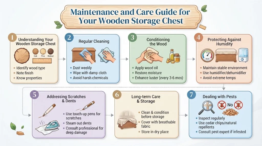 An infographic titled "Maintenance and Care Guide for Your Wooden Storage Chest," split into seven numbered panels detailing upkeep steps: Understanding Your Wooden Storage Chest, Regular Cleaning, Conditioning the Wood, Protecting Against Humidity, Addressing Scratches & Dents, Long-term Care & Storage, and Dealing with Pests.