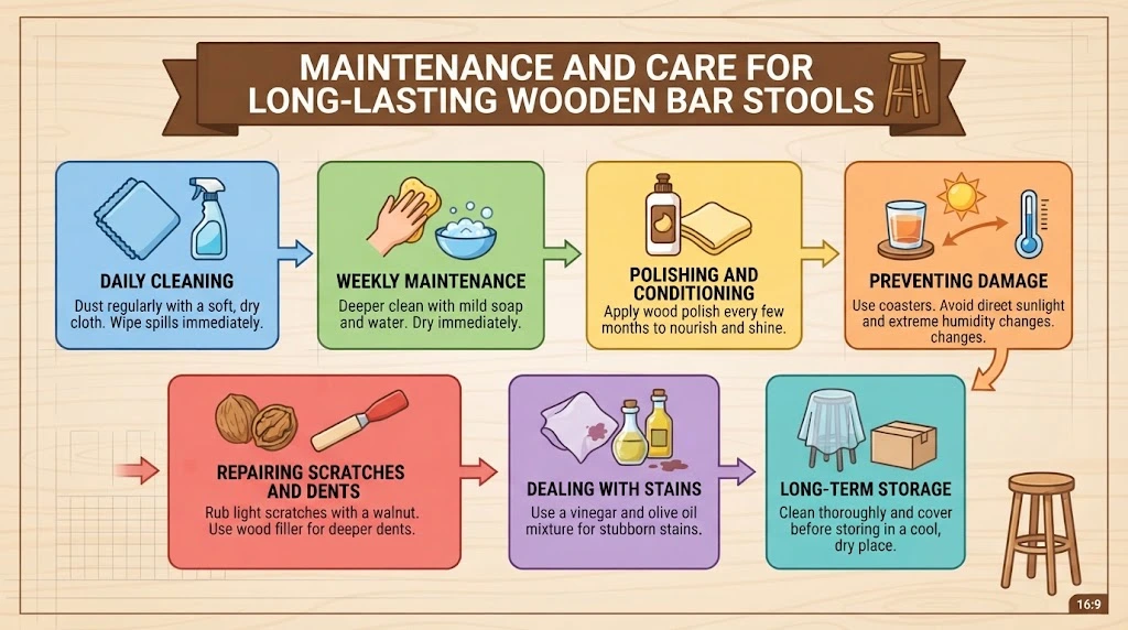 Infographic illustrating a seven-step maintenance and care guide for wooden bar stools, including cleaning, polishing, damage prevention, repairs, and storage