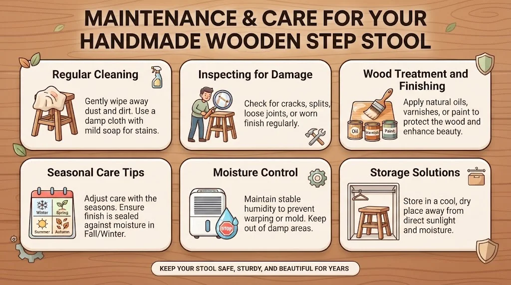 An infographic titled 'MAINTENANCE & CARE FOR YOUR HANDMADE WOODEN STEP STOOL' highlighting six key care steps—Regular Cleaning, Inspecting for Damage, Wood Treatment, Seasonal Care, Moisture Control, and Storage