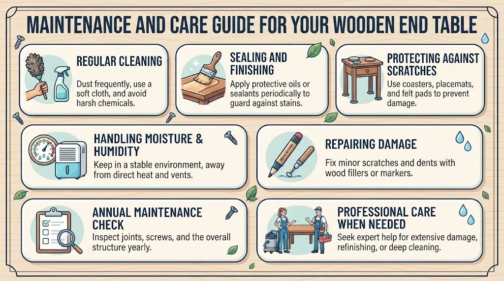 An infographic titled "Maintenance and Care Guide for Your Wooden End Table" featuring seven steps: regular cleaning, sealing and finishing, protecting against scratches, handling moisture and humidity, repairing damage, annual maintenance check, and professional care.