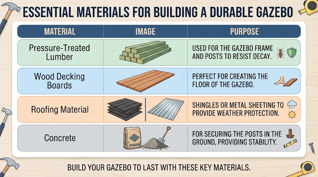 Infographic detailing essential materials for building a durable gazebo, including pressure-treated lumber, wood decking boards, roofing material, and concrete.