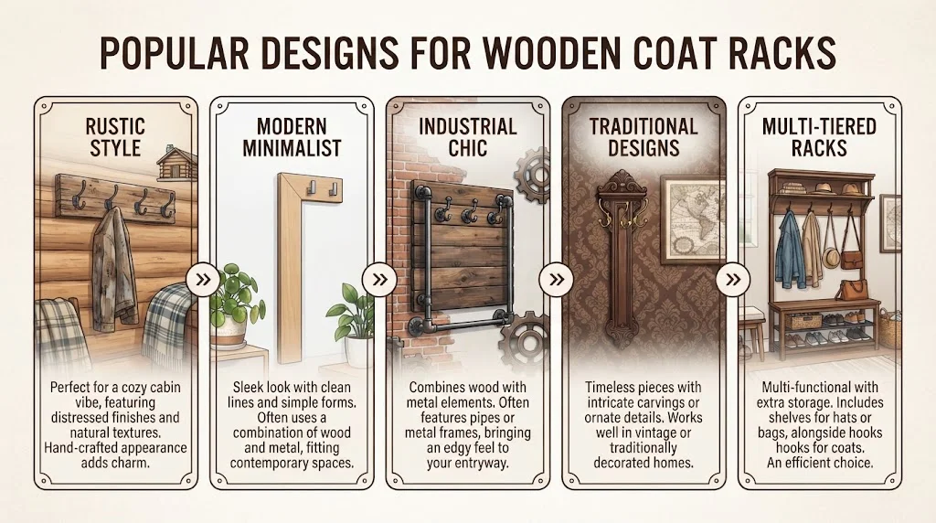 Infographic titled "Popular Designs for Wooden Coat Racks" displaying five styles: Rustic Style, Modern Minimalist, Industrial Chic, Traditional Designs, and Multi-tiered Racks.