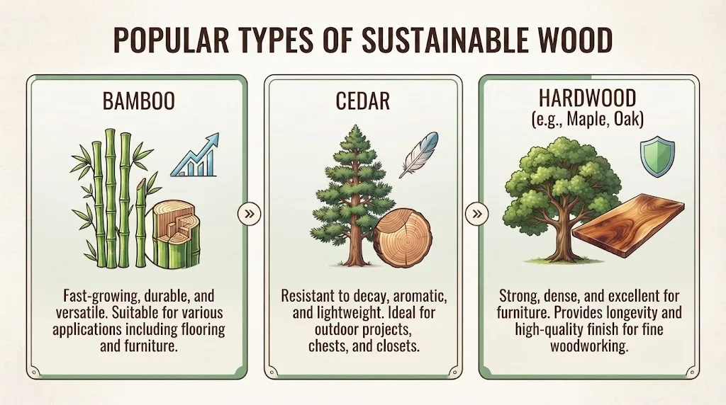 A three-panel infographic titled "Popular Types of Sustainable Wood," detailing the characteristics of Bamboo, Cedar, and Hardwood.