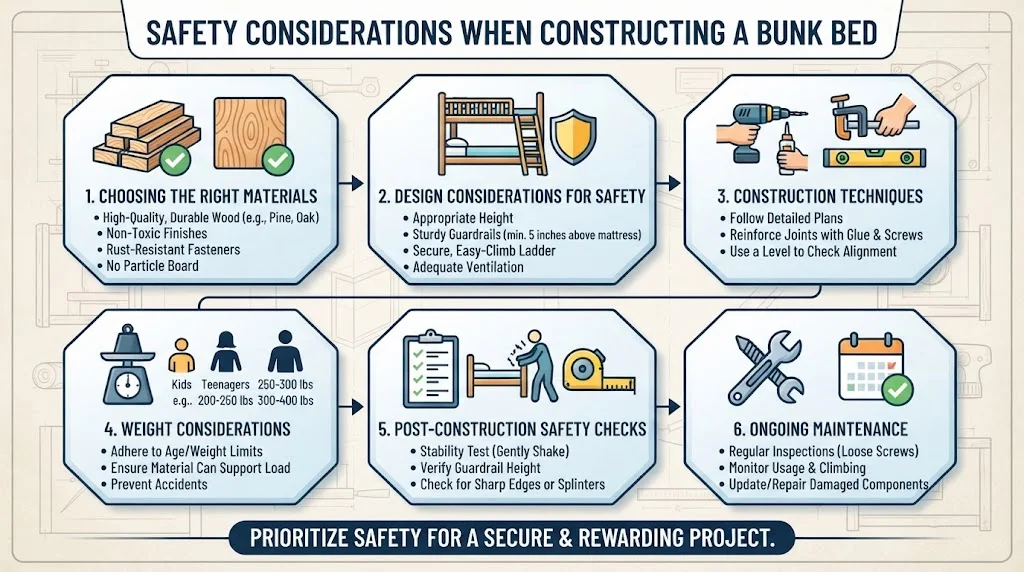 An infographic titled "SAFETY CONSIDERATIONS WHEN CONSTRUCTING A BUNK BED," detailing six steps: 1. Choosing the Right Materials, 2. Design Considerations for Safety, 3. Construction Techniques, 4. Weight Considerations, 5. Post-Construction Safety Checks, and 6. Ongoing Maintenance