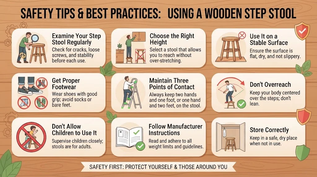 An infographic titled 'SAFETY TIPS & BEST PRACTICES: USING A WOODEN STEP STOOL' highlighting nine essential safety rules with illustrations and descriptive text, featuring a footer banner that reads 'SAFETY FIRST: PROTECT YOURSELF & THOSE AROUND YOU'.