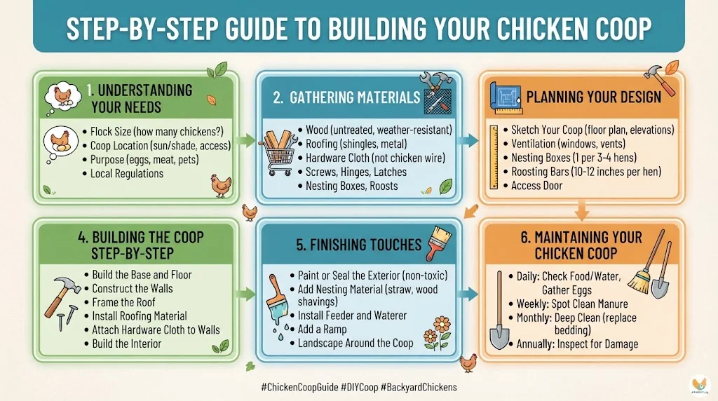 An infographic titled 'STEP-BY-STEP GUIDE TO BUILDING YOUR CHICKEN COOP' is presented in a 2x3 grid of numbered, illustrated panels. The six stages are: 1. Understanding Your Needs, 2. Gathering Materials, 3. Planning Your Design, 4. Building the Coop Step-by-Step, 5. Finishing Touches, and 6. Maintaining Your Chicken Coop. Each panel contains a short list of bullet points and relevant icons. The overall style is clean vector illustration with a warm color palette of greens, blues, and oranges.