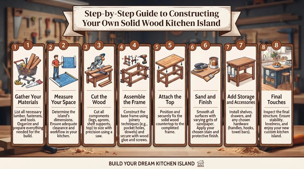 An eight-step infographic titled "Guide to Constructing Your Own Solid Wood Kitchen Island" set in a workshop background.