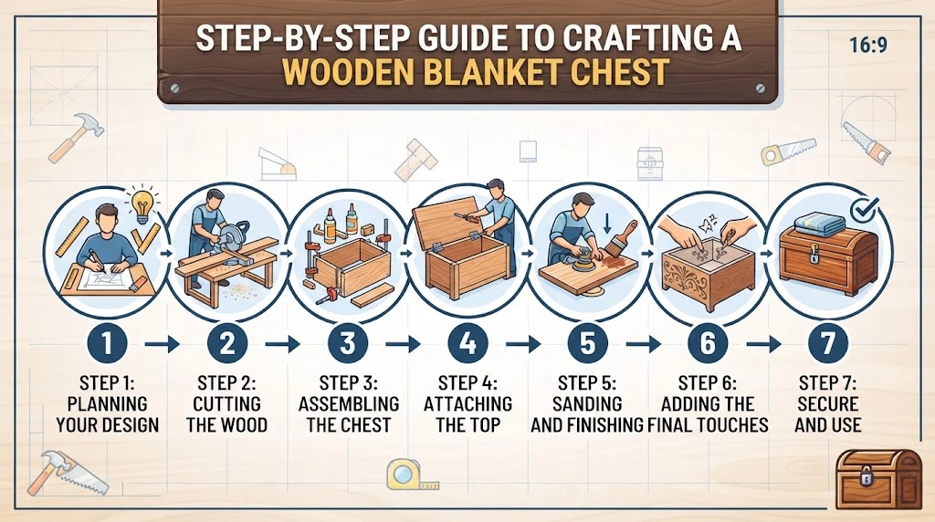 A seven-step infographic guide to crafting a wooden blanket chest, showing design, cutting, assembly, attachment, finishing, detailing, and use.