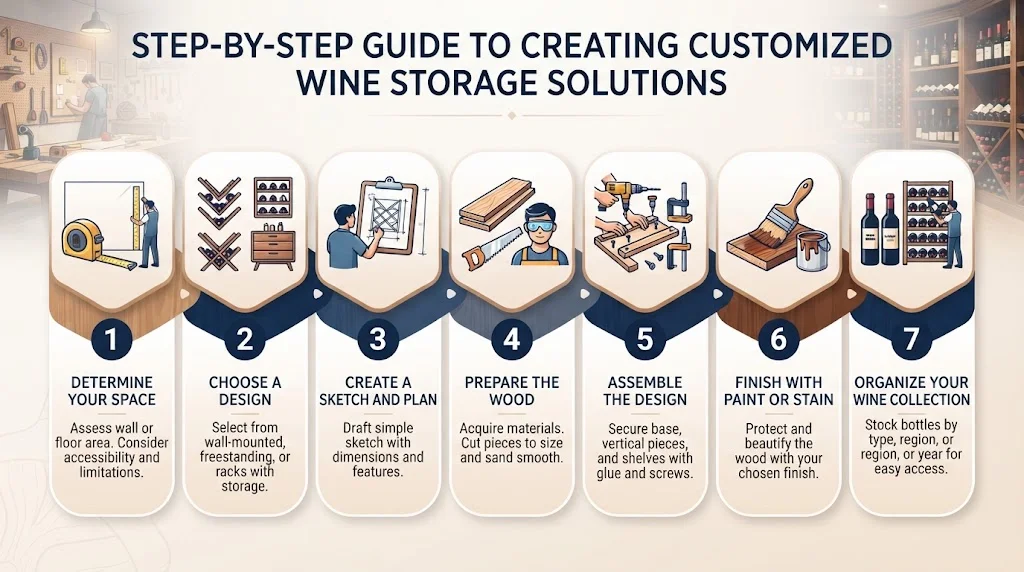 An infographic titled "STEP-BY-STEP GUIDE TO CREATING CUSTOMIZED WINE STORAGE SOLUTIONS" with seven distinct, numbered steps. Each step features an icon and descriptive text, flowing from "Determine Your Space" to "Organize Your Wine Collection"