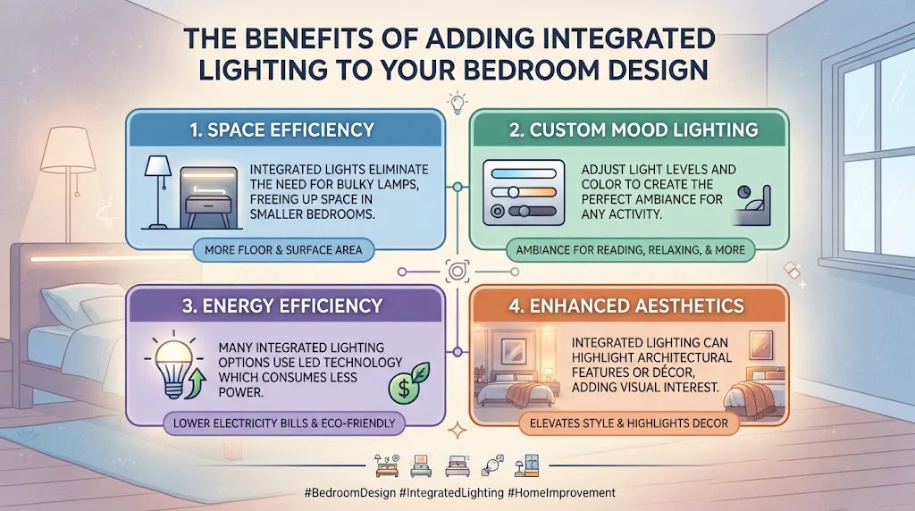 An infographic titled "The Benefits of Adding Integrated Lighting to Your Bedroom Design," featuring four colored panels illustrating space efficiency, custom mood lighting, energy efficiency, and enhanced aesthetics, with small icons for each point.