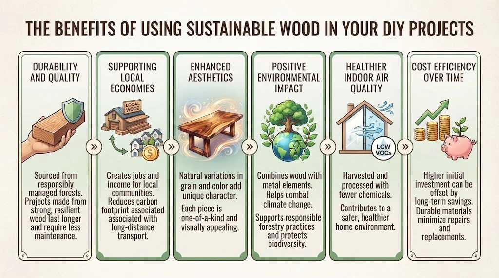 A six-panel infographic titled "The Benefits of Using Sustainable Wood in Your DIY Projects," highlighting Durability, Local Economies, Aesthetics, Environmental Impact, Indoor Air Quality, and Cost Efficiency.