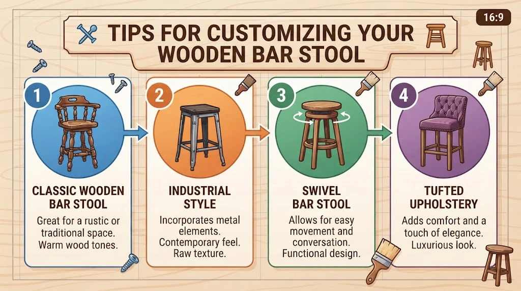 Infographic detailing custom bar stool styles, including classic wooden, industrial, swivel, and tufted upholstery designs.